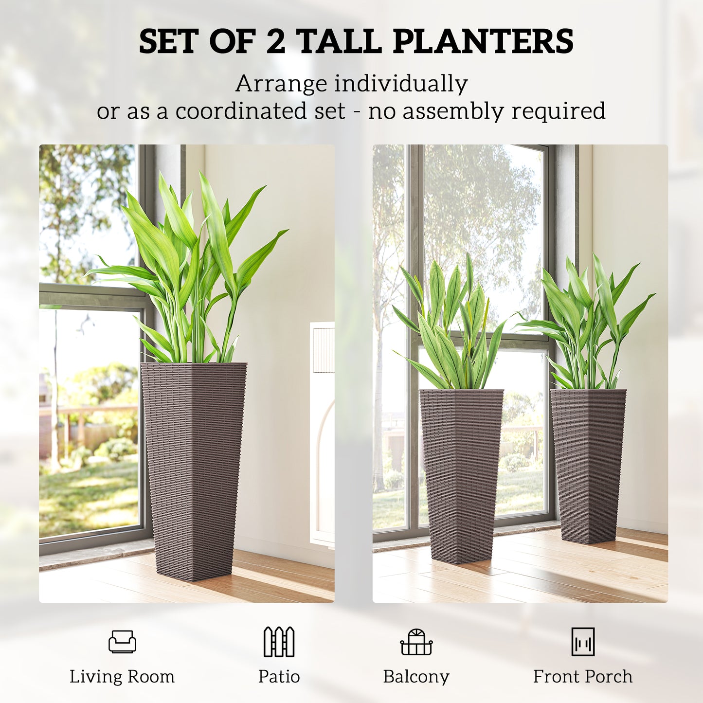 Set of 2 Outdoor Tall Plant Pots - Brown Plastic Garden Planters with Drainage