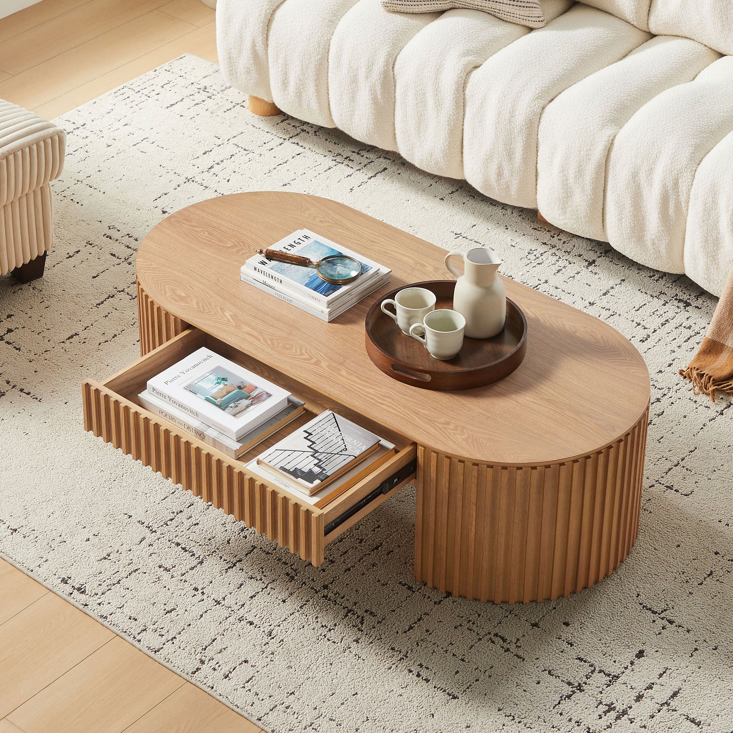 Oval Wood Coffee Table with Drawer - Mid Century Modern, Oak