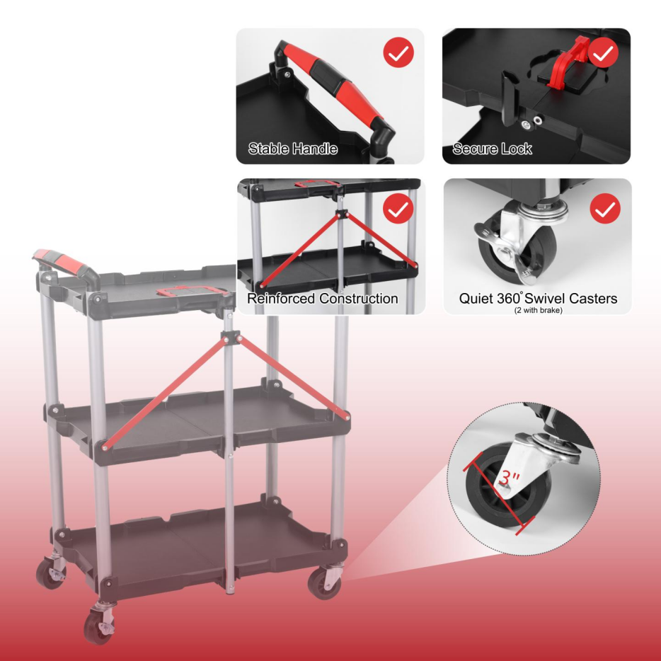 Heavy Duty Foldable Utility Service Cart with 3 Shelves, Swivel Wheels & Handle
