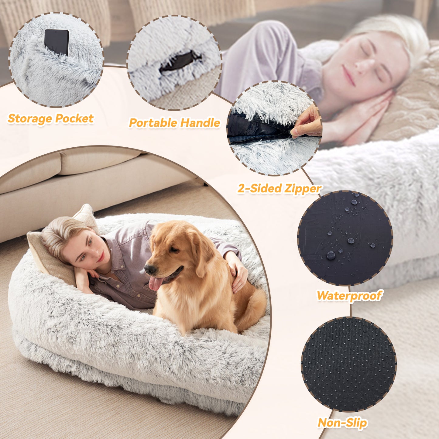 Large Washable Faux Fur Dog and Human Lounge Bed with Orthopedic Support, Pillow & Blanket
