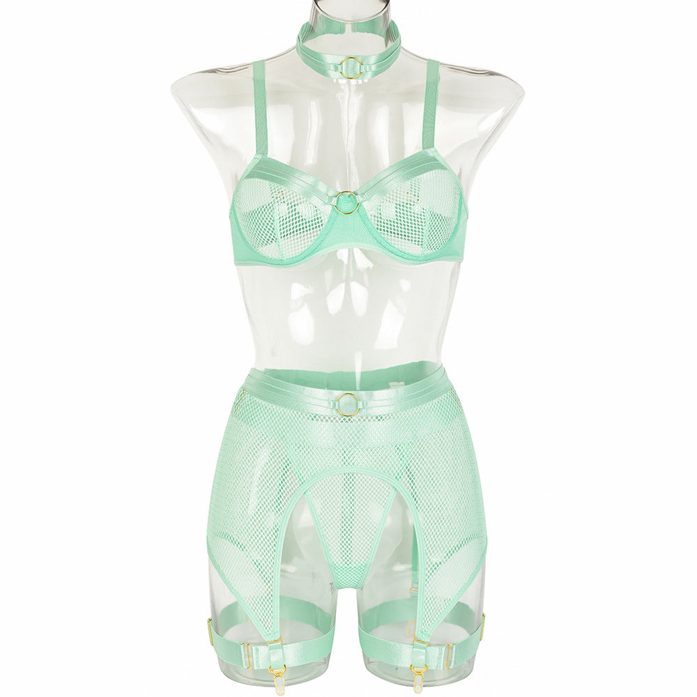 Women's Mesh Stitching Underwear Set with Garter Belt and Halterneck