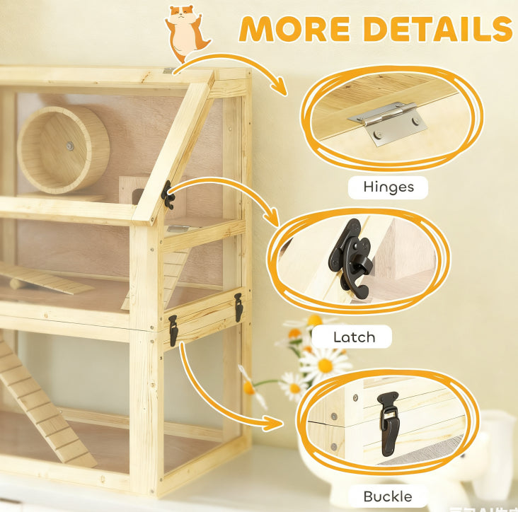 3-Tier Wooden Hamster Cage with Detachable Bottom - Natural Wood