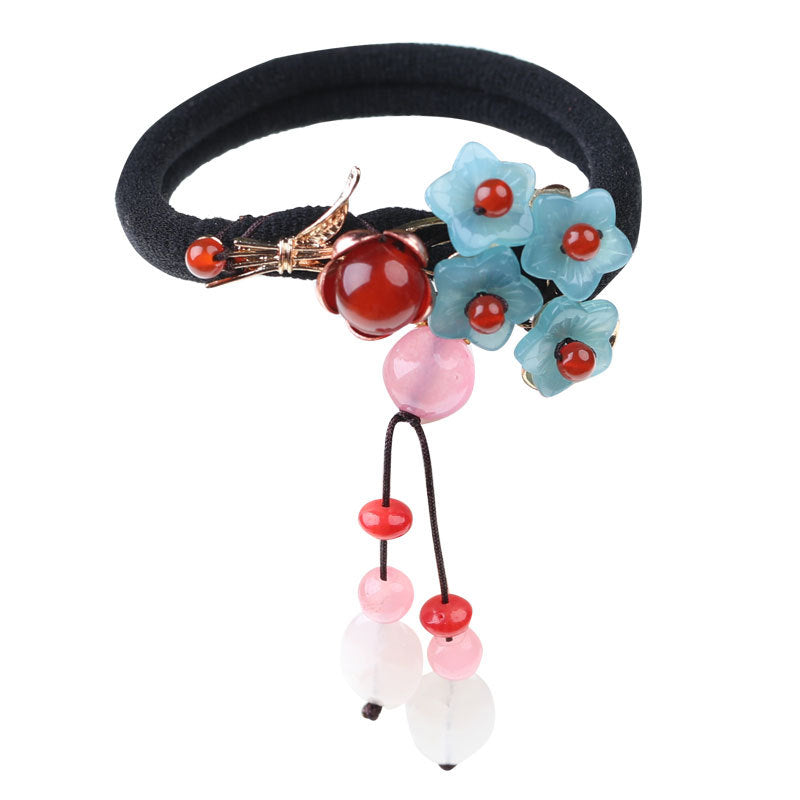 Glazed Agate Hair Ring with Tassel - Blue