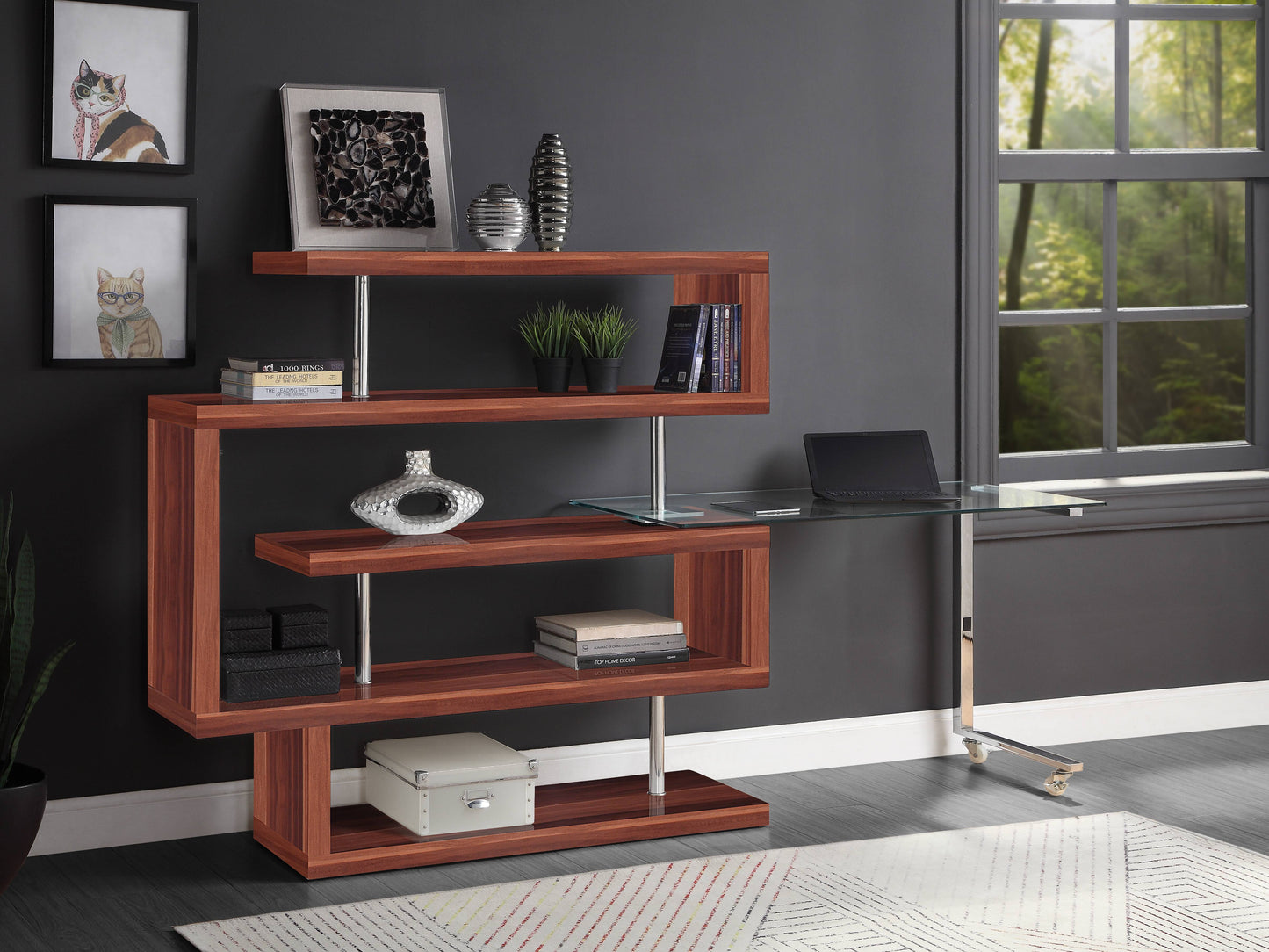 Clear Glass & Chrome Writing Desk with Shelf - Walnut Finish