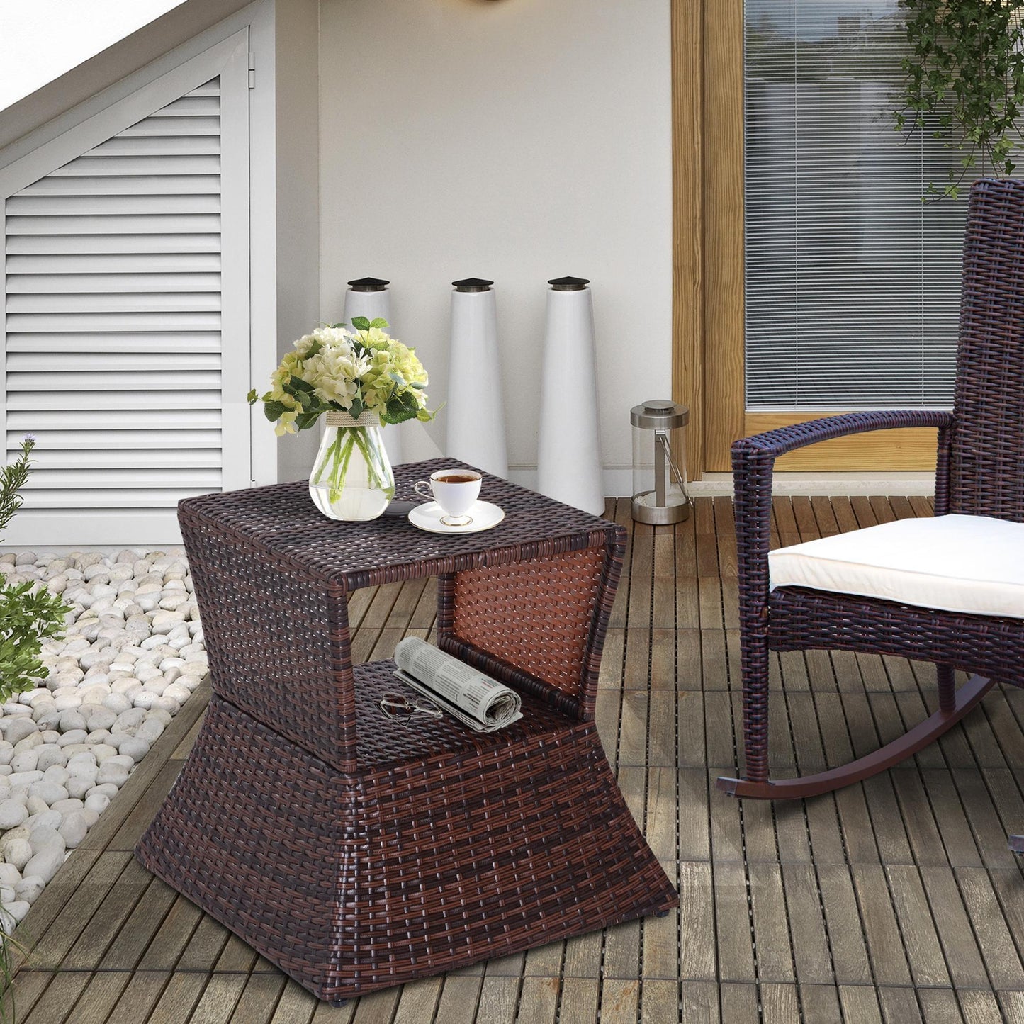 Outdoor Rattan Wicker Side Table with Umbrella Hole - Brown