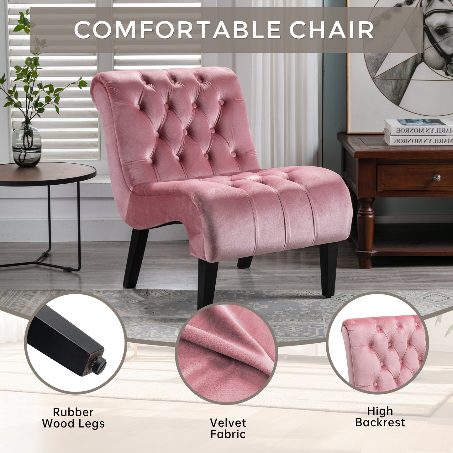 Pink Velvet Armless Accent Chair - Upholstered Comfort for Living Room
