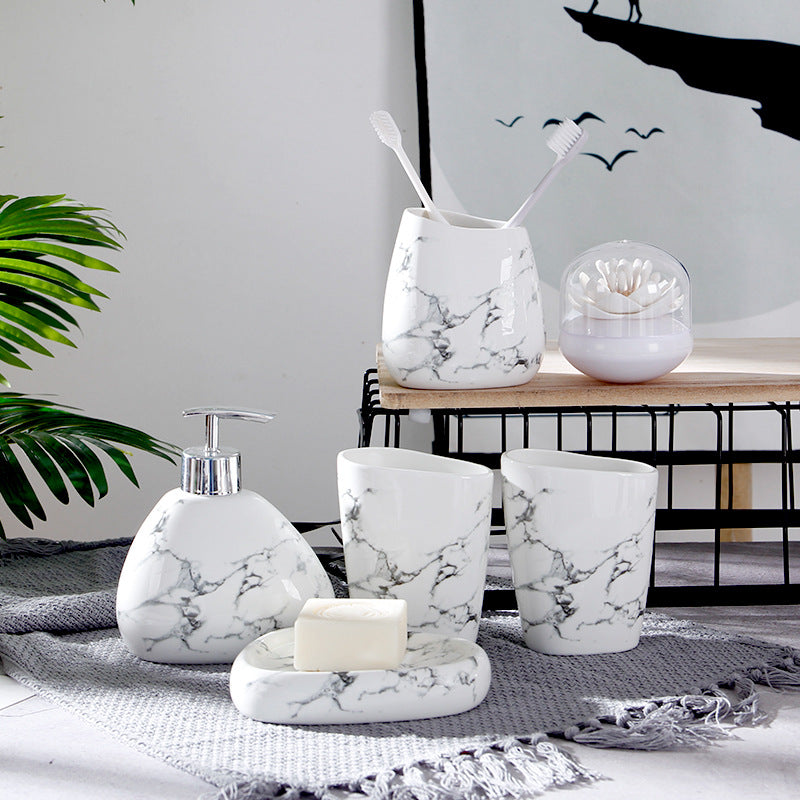 Marble Texture Ceramic Mouthwash Cup Bathroom Set - 5 or 6 Pieces