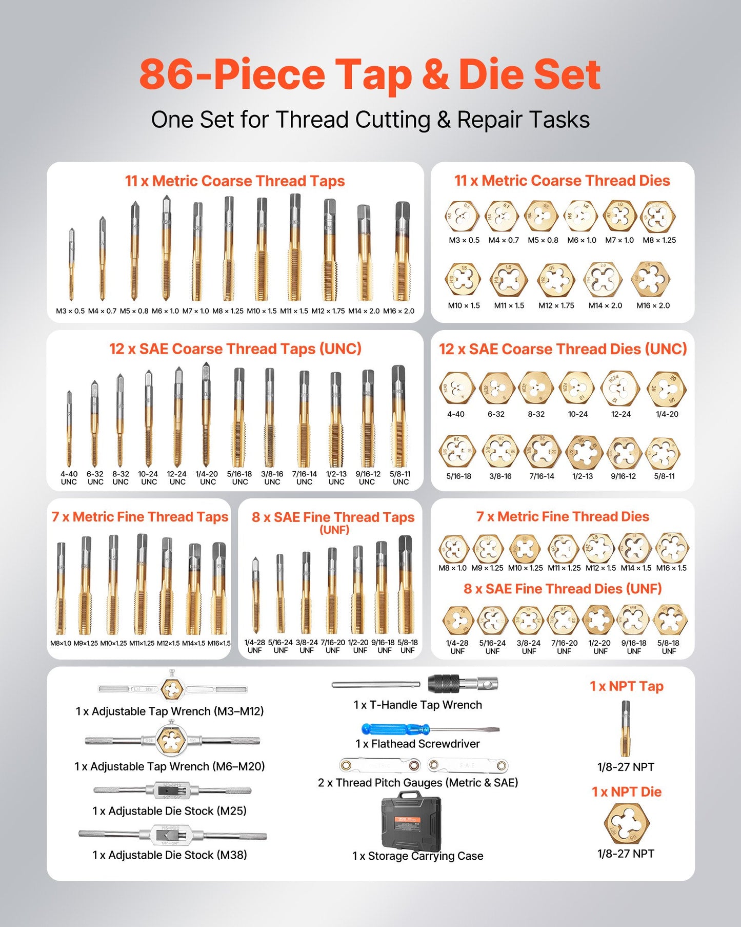 86-Piece Titanium-Coated Steel Tap and Die Set for Metal Threading - SAE & Metric