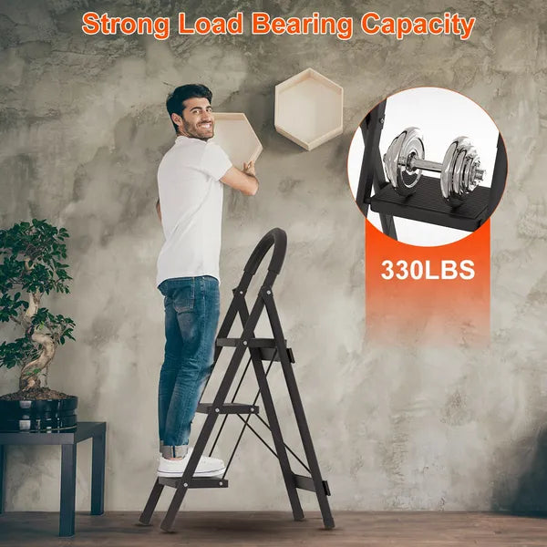 Foldable 3-Step Ladder with 330lbs Load Capacity, Lightweight Steel Construction