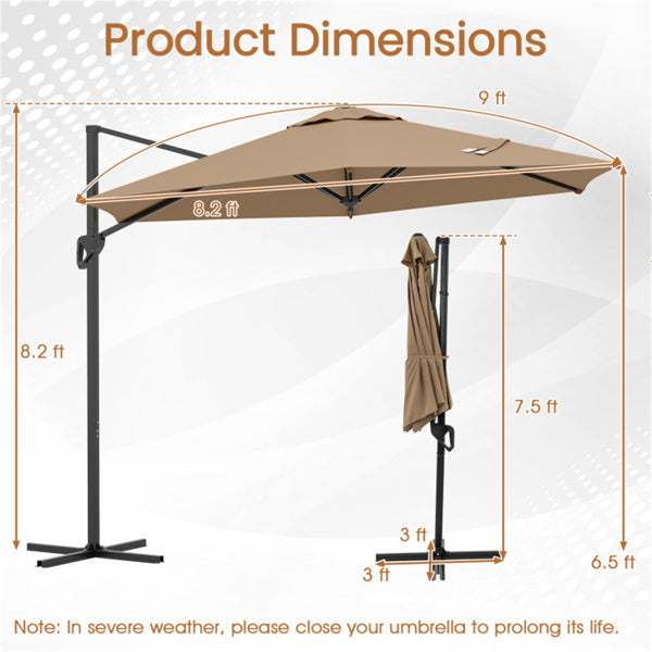 9x8.2FT Cantilever Patio Umbrella - Double-Tier Vented Canopy, Brown