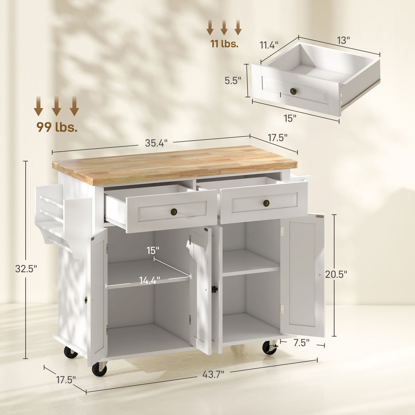 Mobile Kitchen Island Cart on Wheels with Storage - White