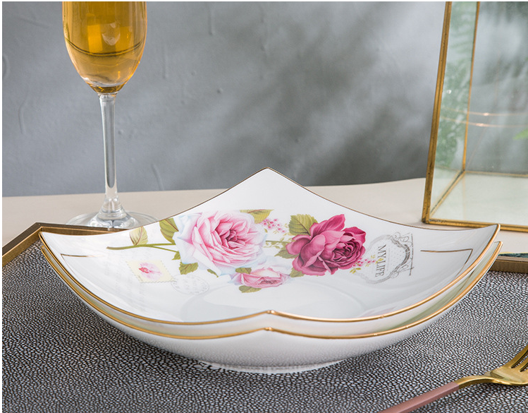 Nordic Style Bone China Dinner Plate Set with Gold Trim - 8 Inch Home Tableware