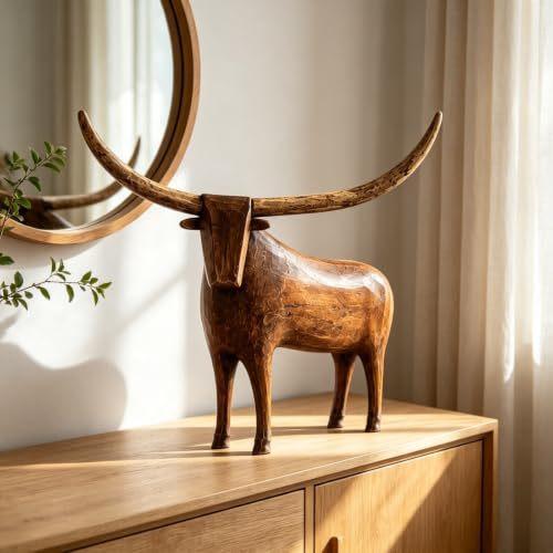 Long-Horned Bull Animal Figurine for Home Decor Display - Modern Minimalist