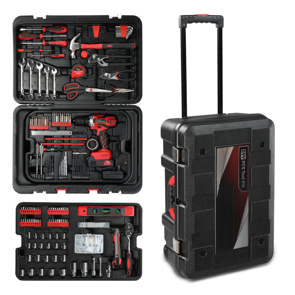 599-Piece Power Tool Set with 21V Cordless Drill and Rolling Toolbox