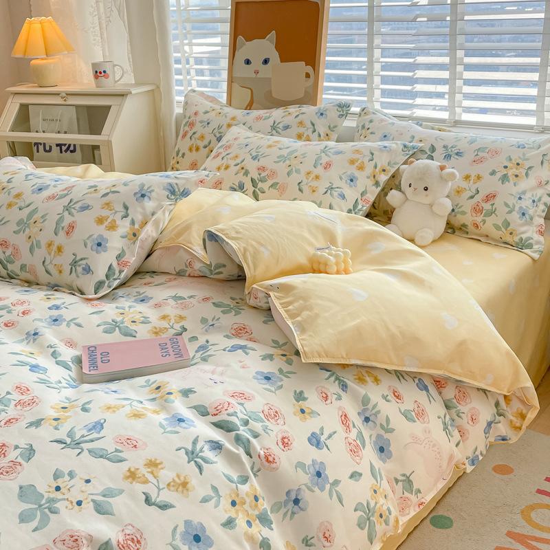 Cotton Bedding Set - Four-Piece Quilt Cover & Sheets with Skin-Friendly Sanded Finish
