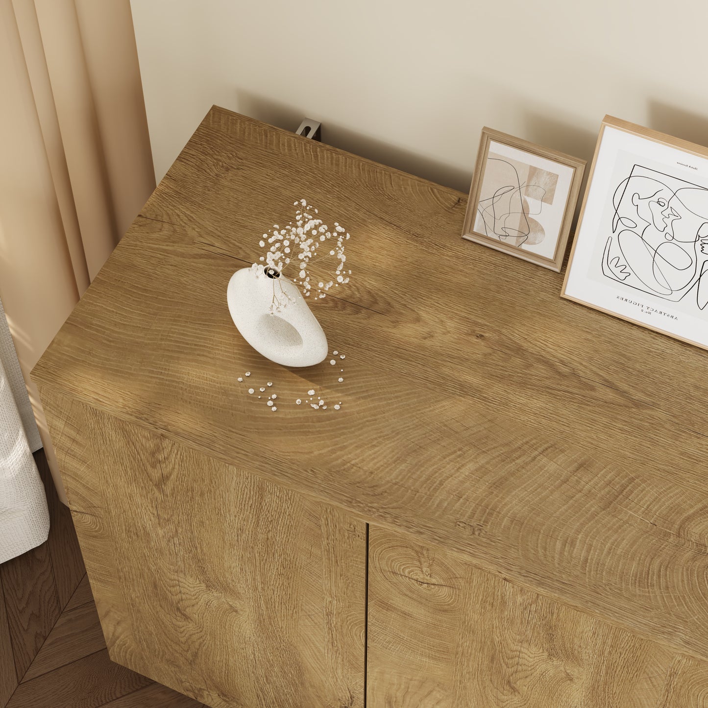 Natural Wood Sideboard Buffet Cabinet with 4 Doors & Adjustable Shelves