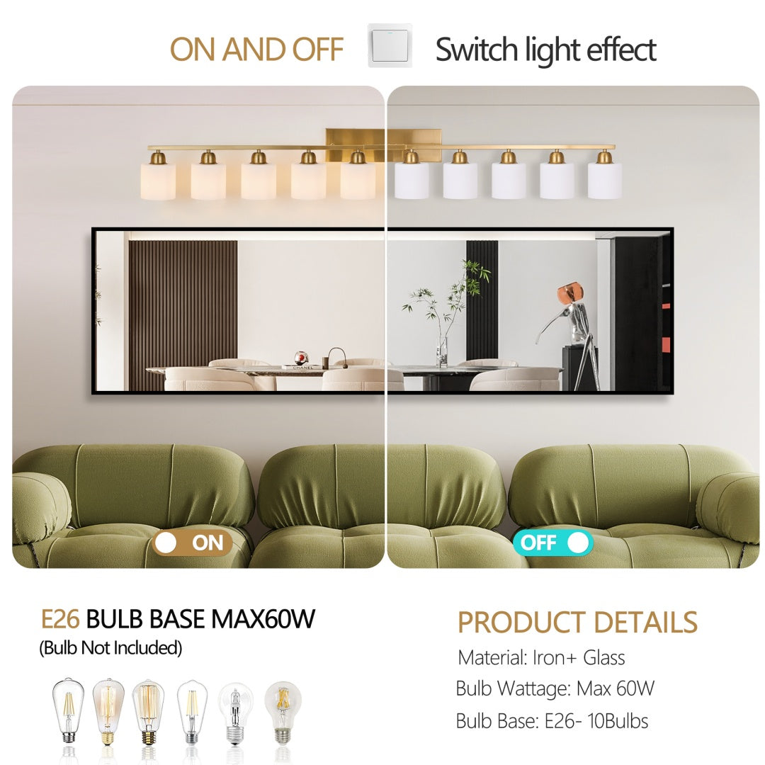 Gold Bathroom Vanity Light Fixture with Milky White Glass Shade