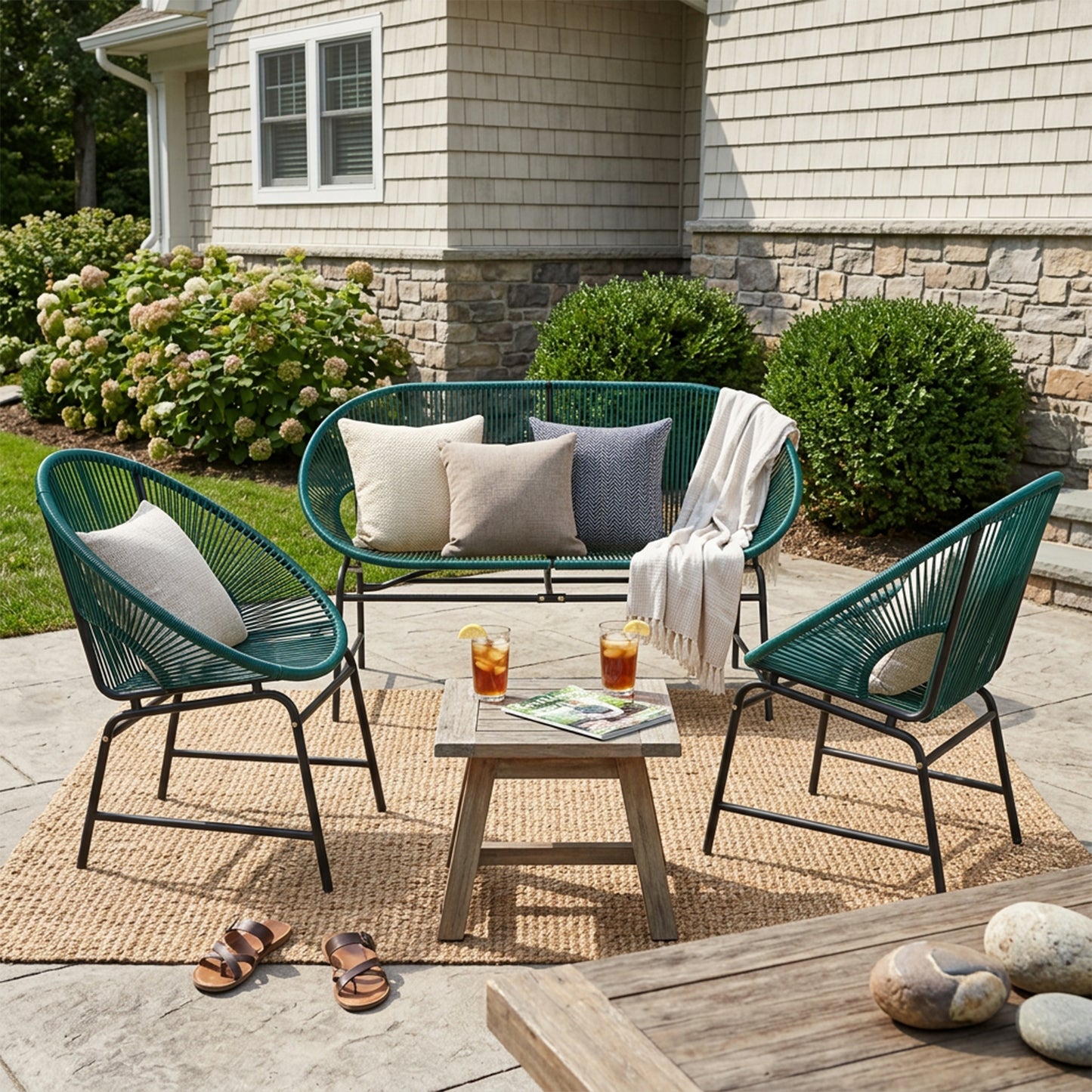 NUSA OUTDOOR PATIO WICKER 3-PCS CHAT SET, TEAL PE RATTAN & IRON FRAME