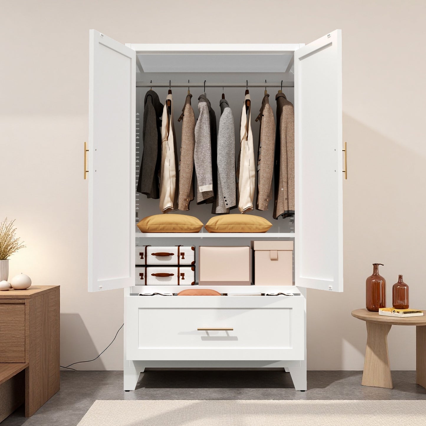 60 Tall Metal Wardrobe Cabinet With 1 Drawer And Hanging Rod, 2 Doors