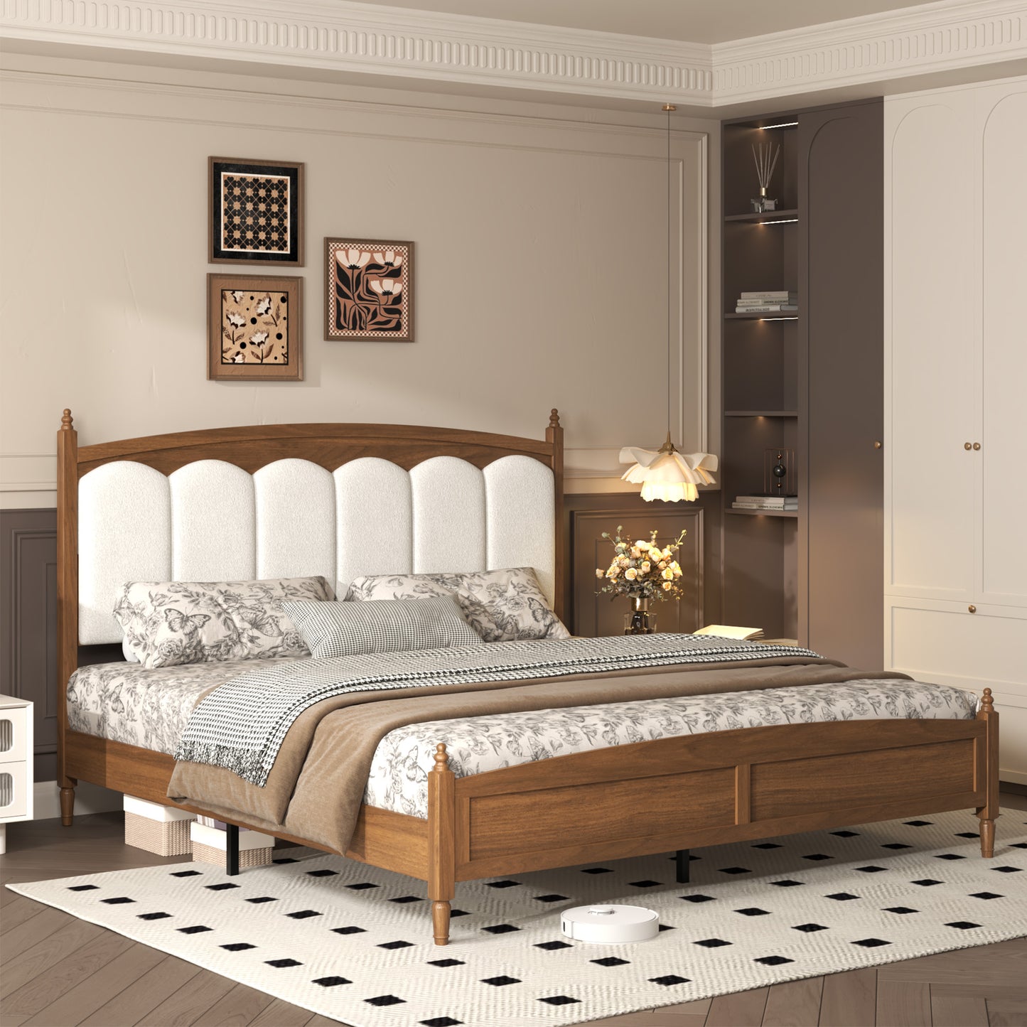 King Size Platform Bed Frame with Upholstered Headboard - Brown