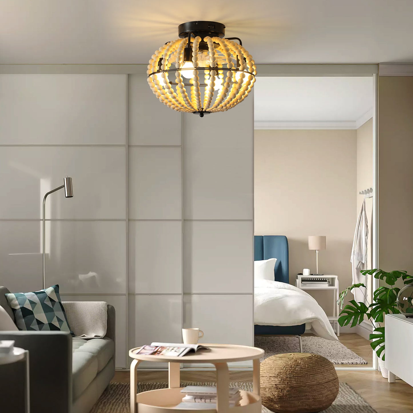 Bohemian Wood Beaded Ceiling Fan with Light - Rustic Chandelier