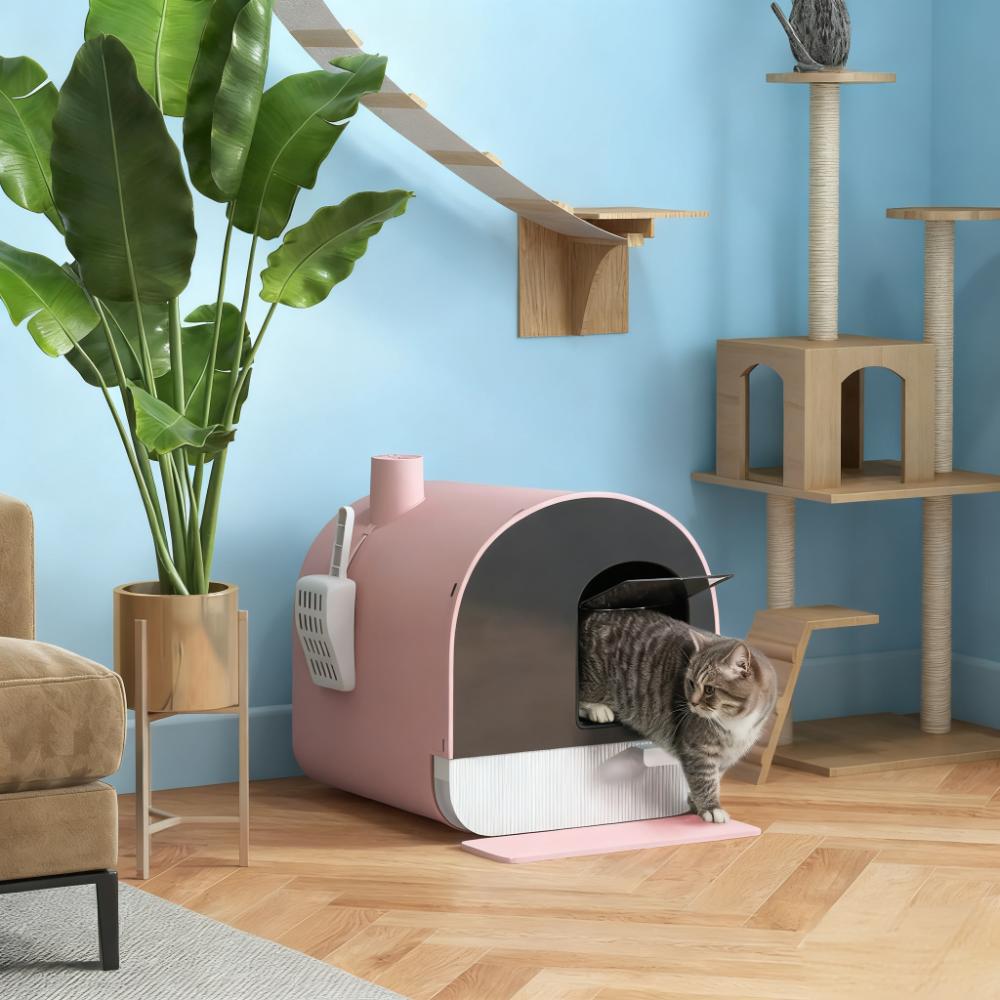 Pink Cat Litter Box with Lid, Scoop & Filter - Small Pet House & Cage