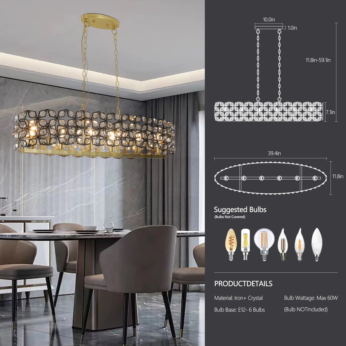 39-inch Modern Crystal and Black Gold Pendant Light Fixture for Living Room and Dining