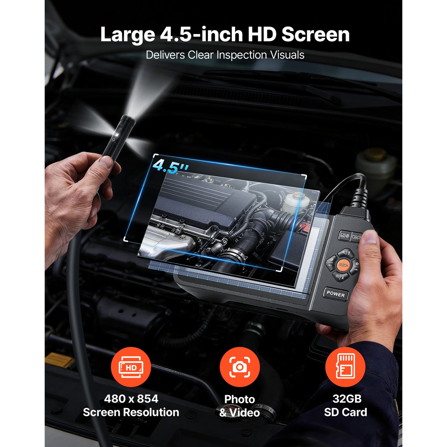 HD Endoscope Camera with 4.5-Inch IPS Screen Waterproof Inspection Snake Camera for Automotive Plumbing