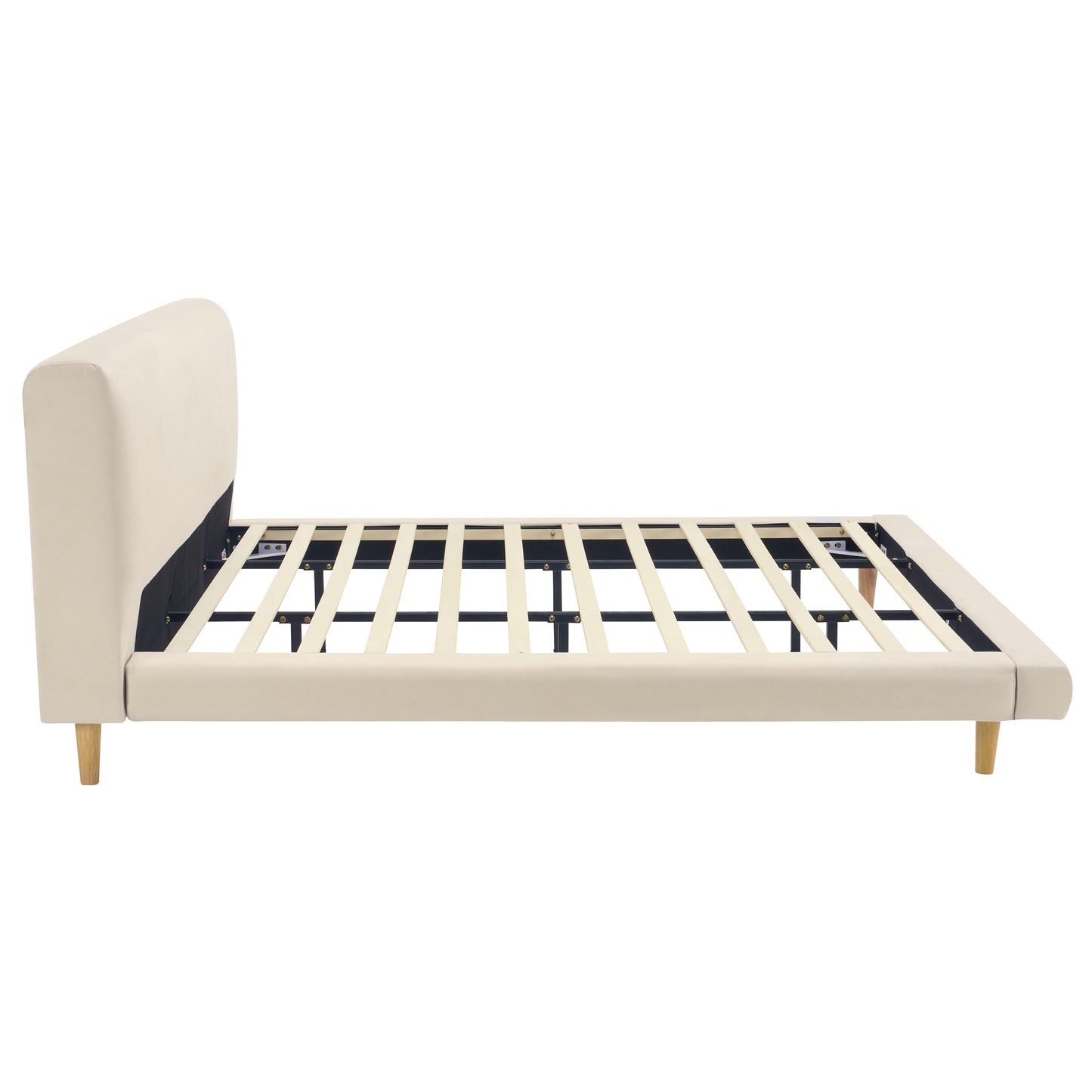 Beige Chunky Headboard Bed Frame with Solid Rubberwood Legs - King