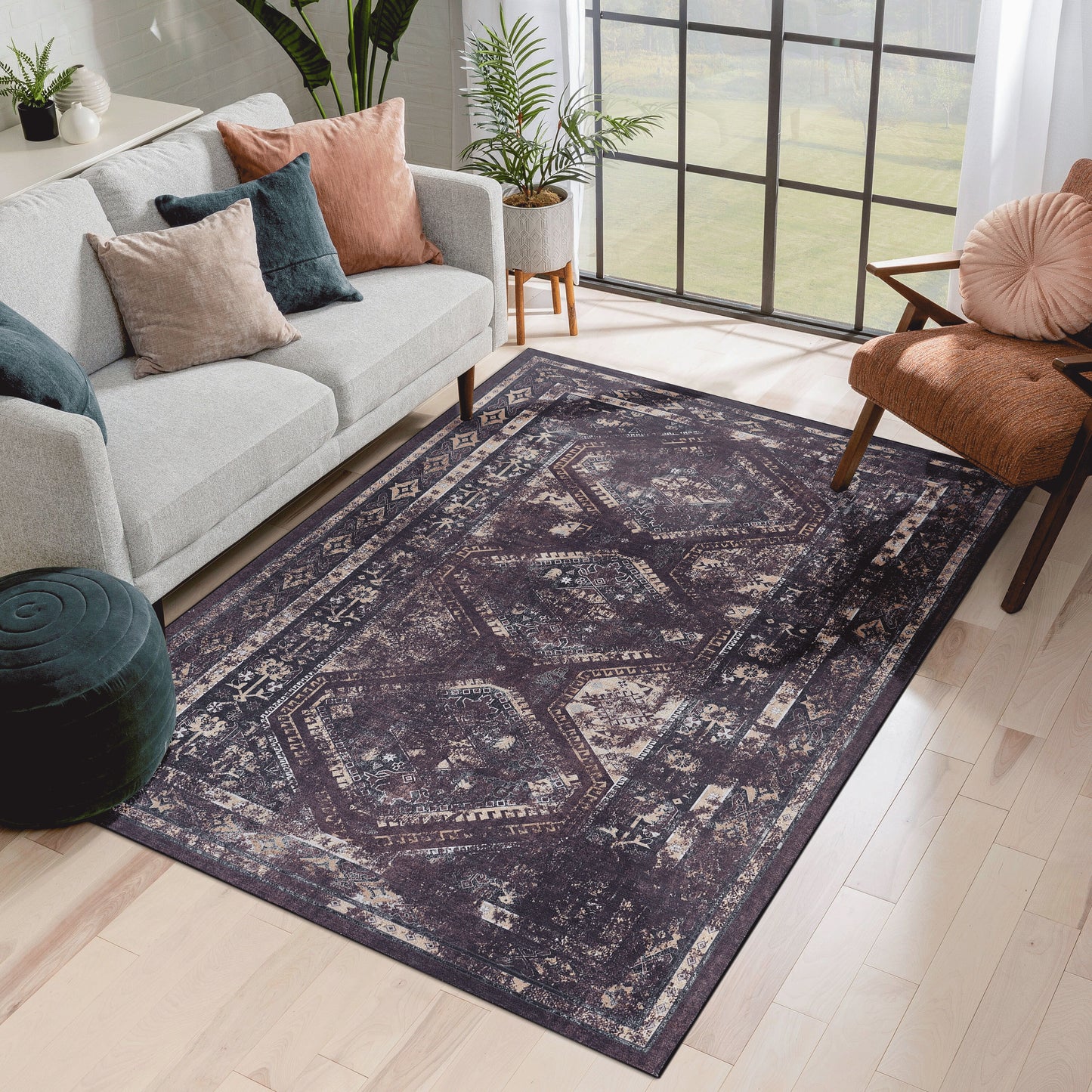 MAVAL Black Washable Rug 4x6 Area Burgundy, 4' X 6'