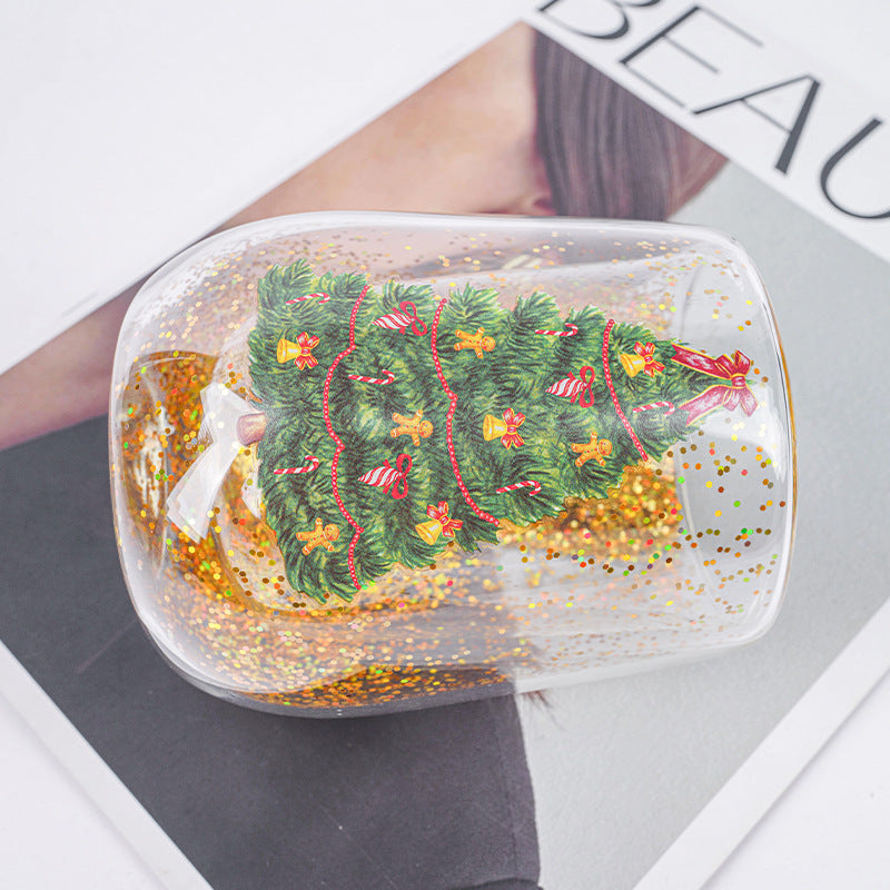 Christmas Tree Tumbler with Flowing Sequins Double Layer 380ML - Heat Resistant Holiday Drinkware