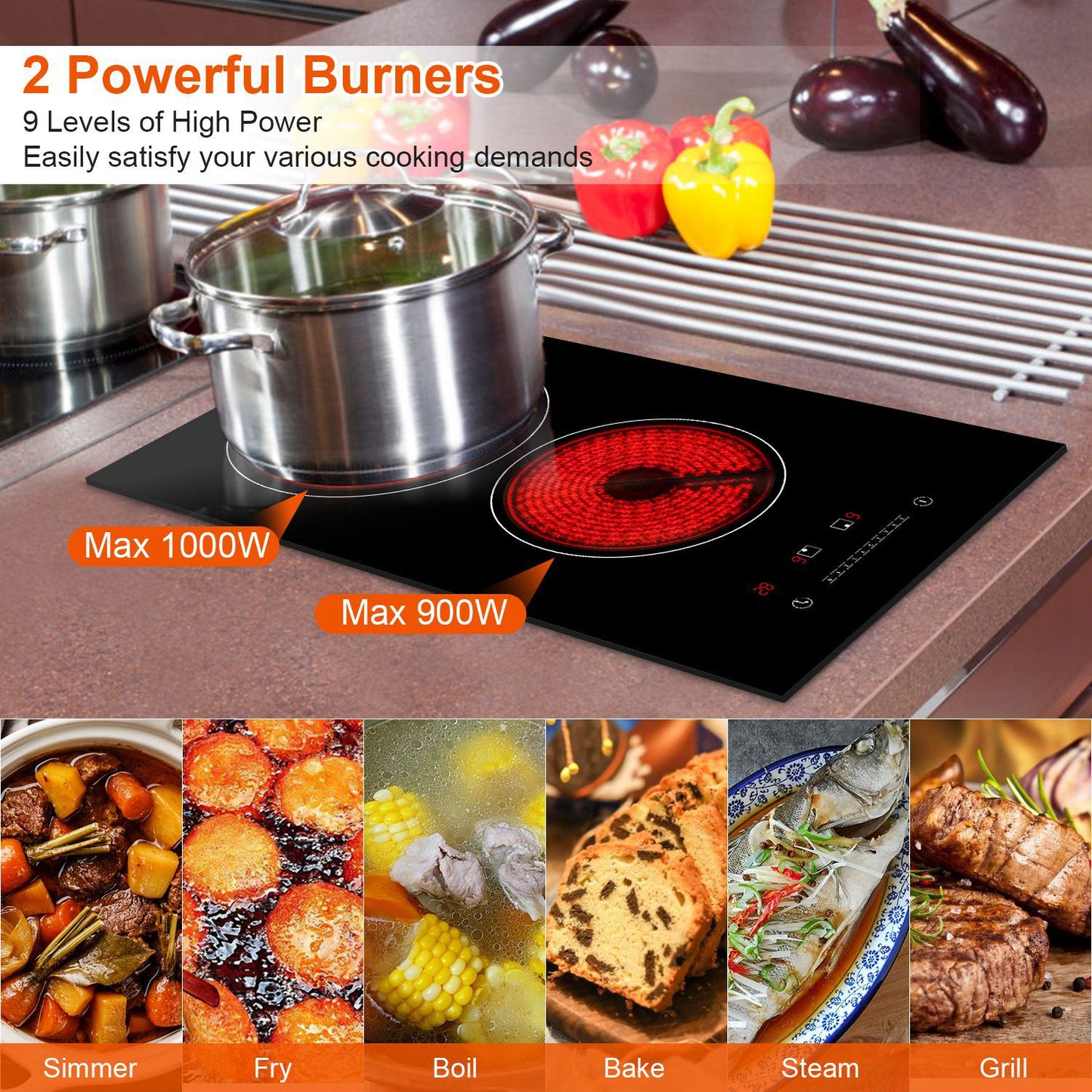 Dual Induction Electric Cooktop 1900W with Timer & Safety Features - Black