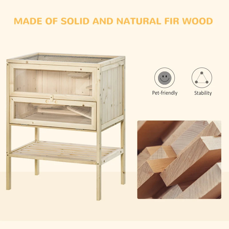 3-Tier Wooden Hamster Cage with Openable Top & Shelves - Natural Wood Small Animal Habitat