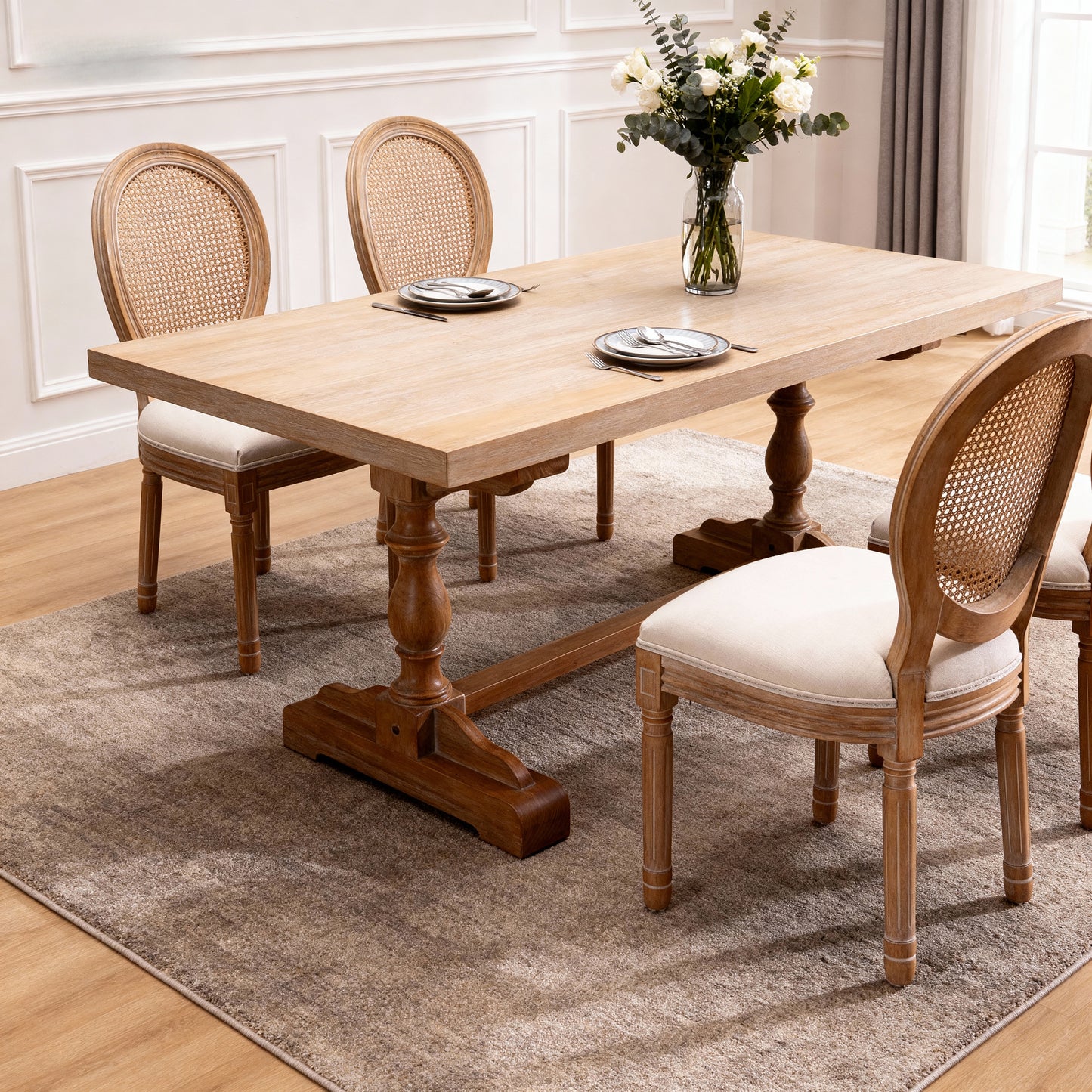 French Country Dining Chairs - Set of 2 Beige Wooden Frame