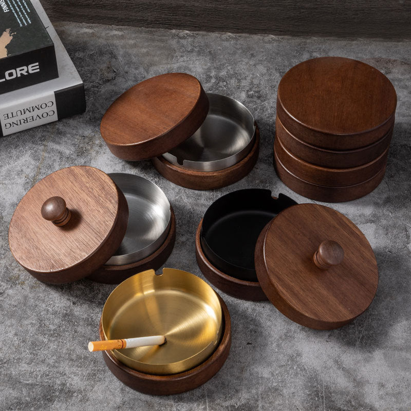 Unique Wooden Walnut Ashtray with Lid - Multiple Colors