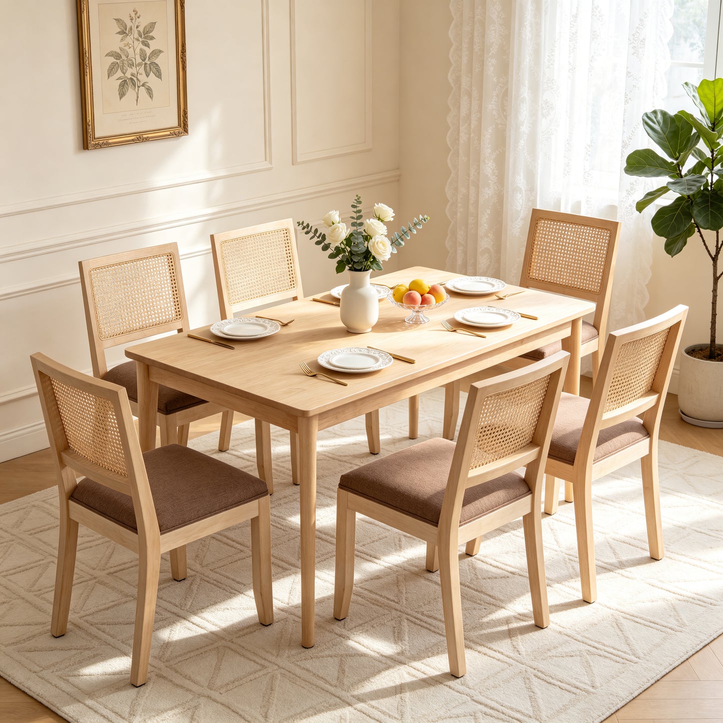 Rattan Dining Chairs Set of 2 - Mid Century Modern Tan
