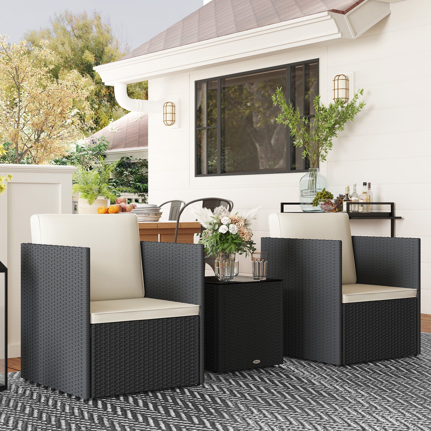 Folding Wicker Bistro Set - 3 Piece Outdoor Furniture with Cushions, Black