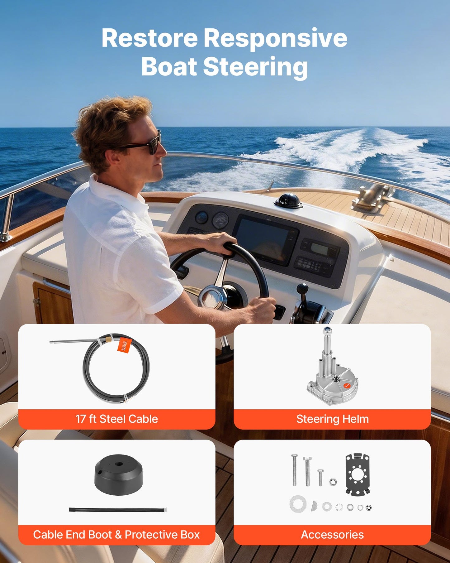 Boat Steering System Kit - 17 Ft Outboard Rotary Control Cable with Aluminum Helm