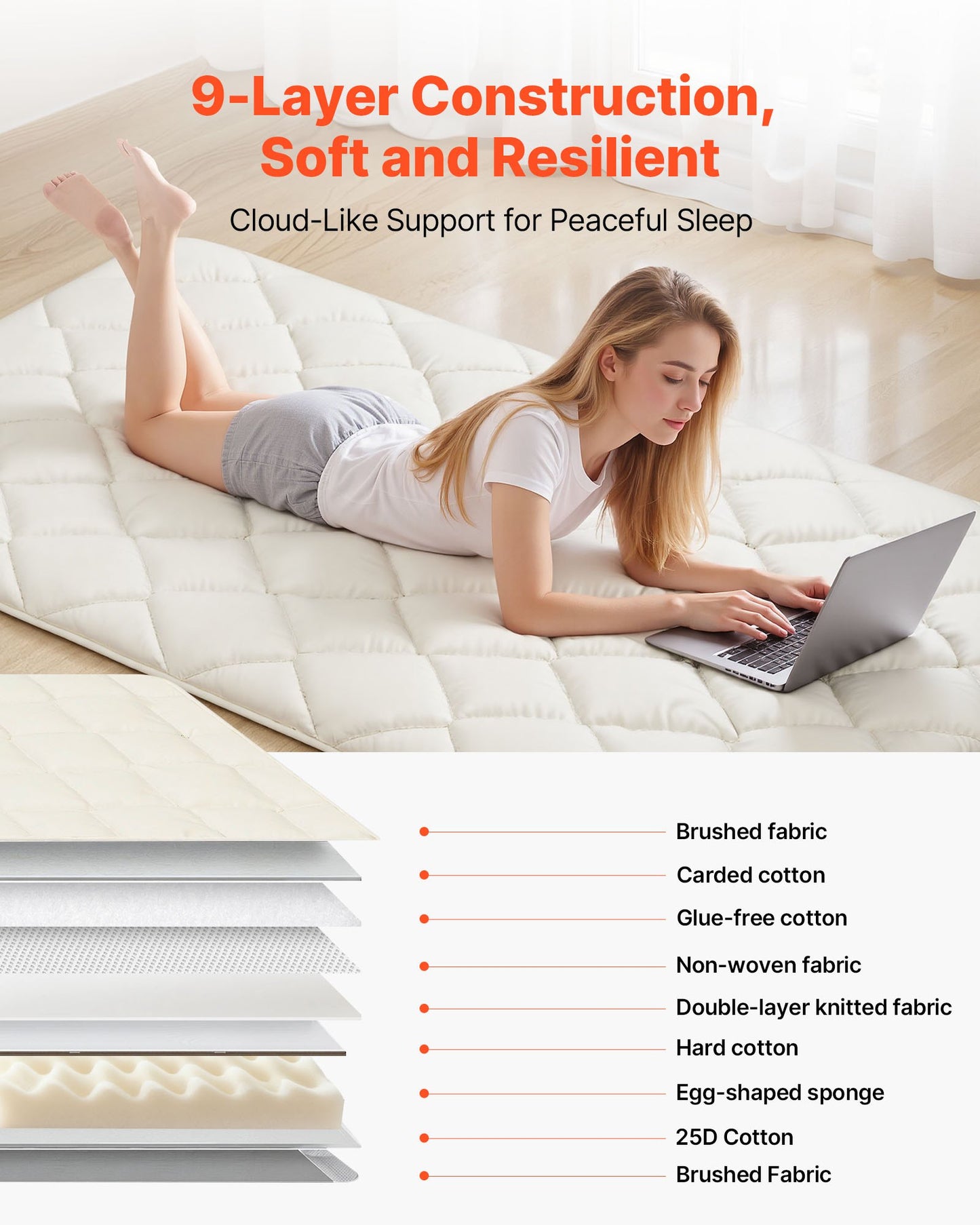 Foldable Japanese Tatami Mattress Twin Size with Storage Bag, 9-Layer Support, White