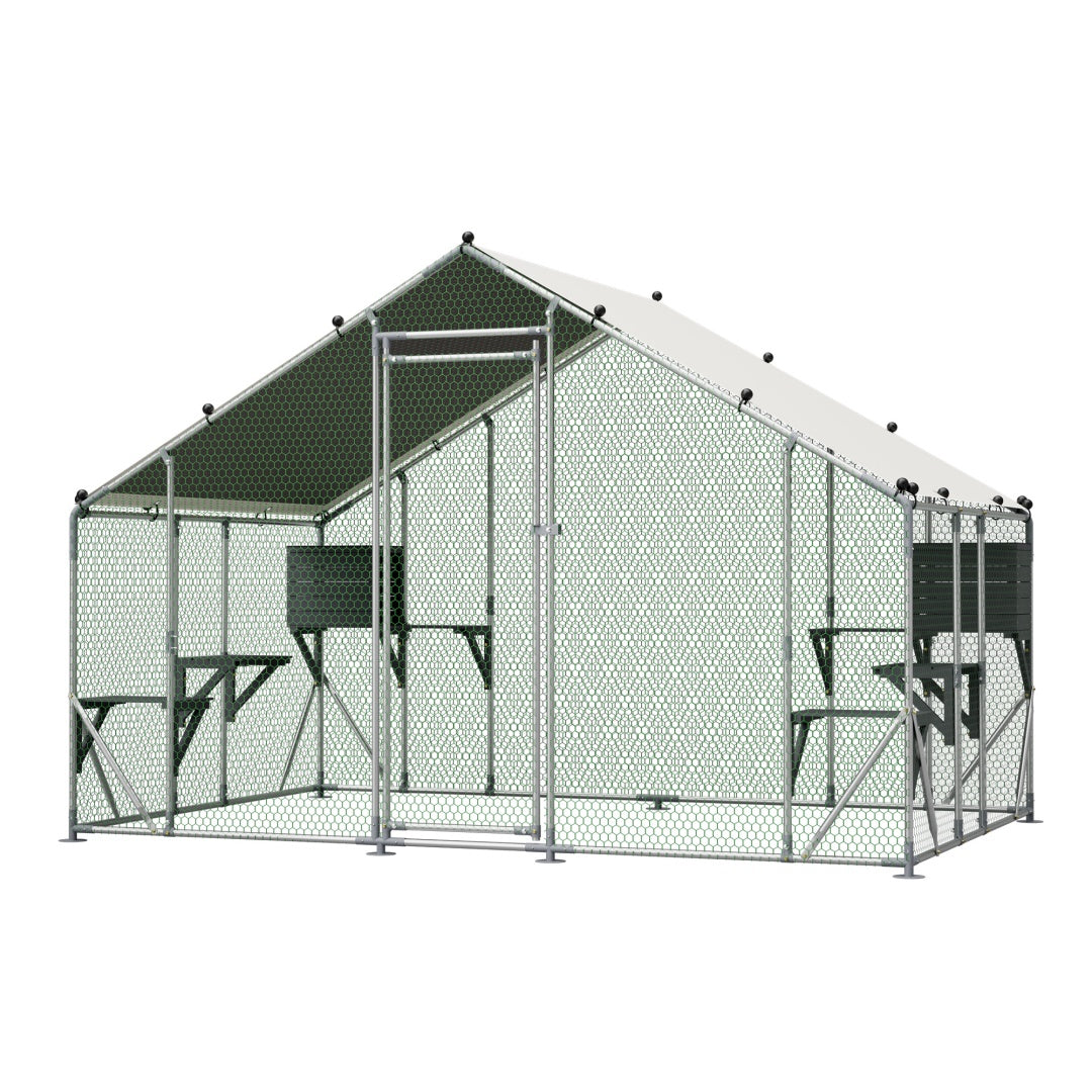 Outdoor Metal Cat Cage 3x2m with Solid Wood Platform Waterproof Tarp Safety Lock