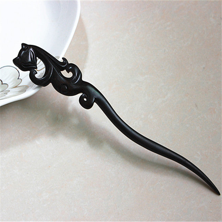 Handmade Ebony Hairpin with Inlaid Flower Pattern - Enchantress Blackwood
