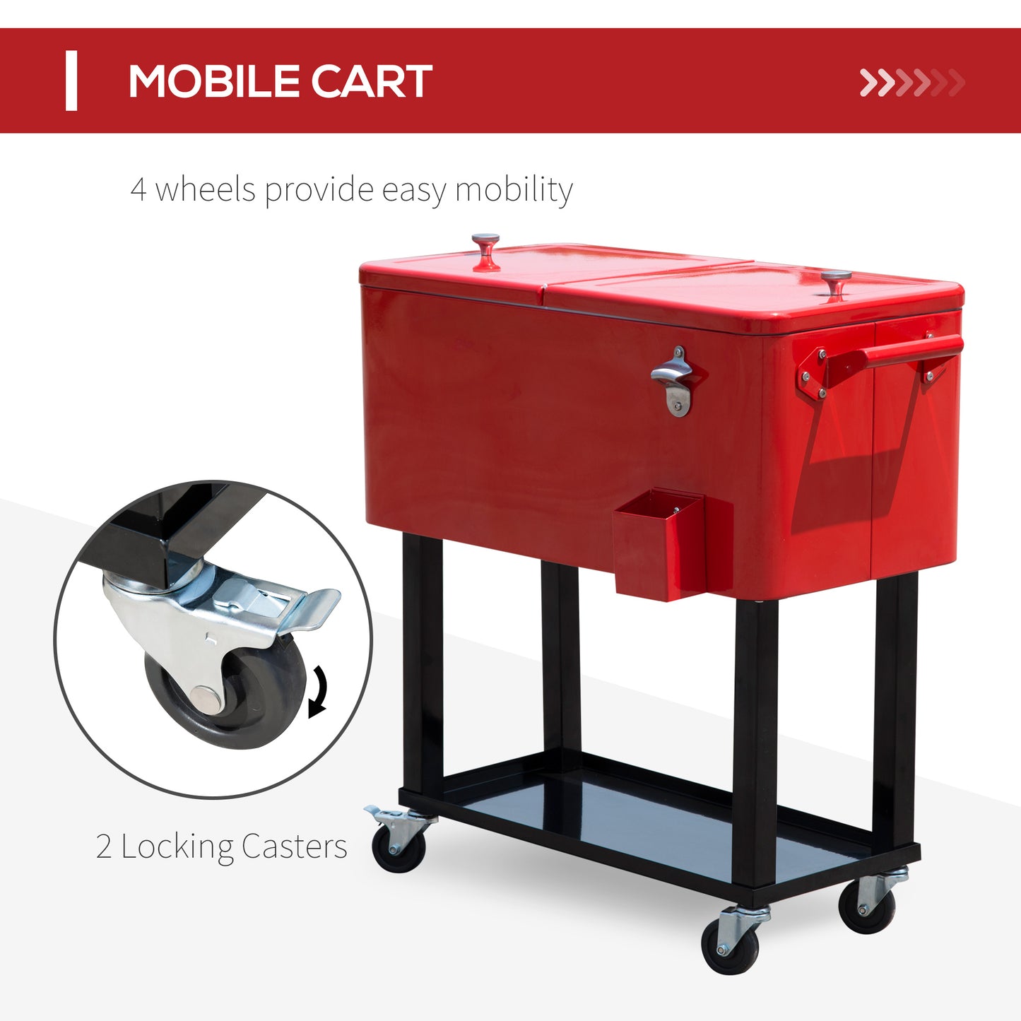 80 QT Rolling Cooler Cart with Wheels - Red Outdoor Drink Cooler