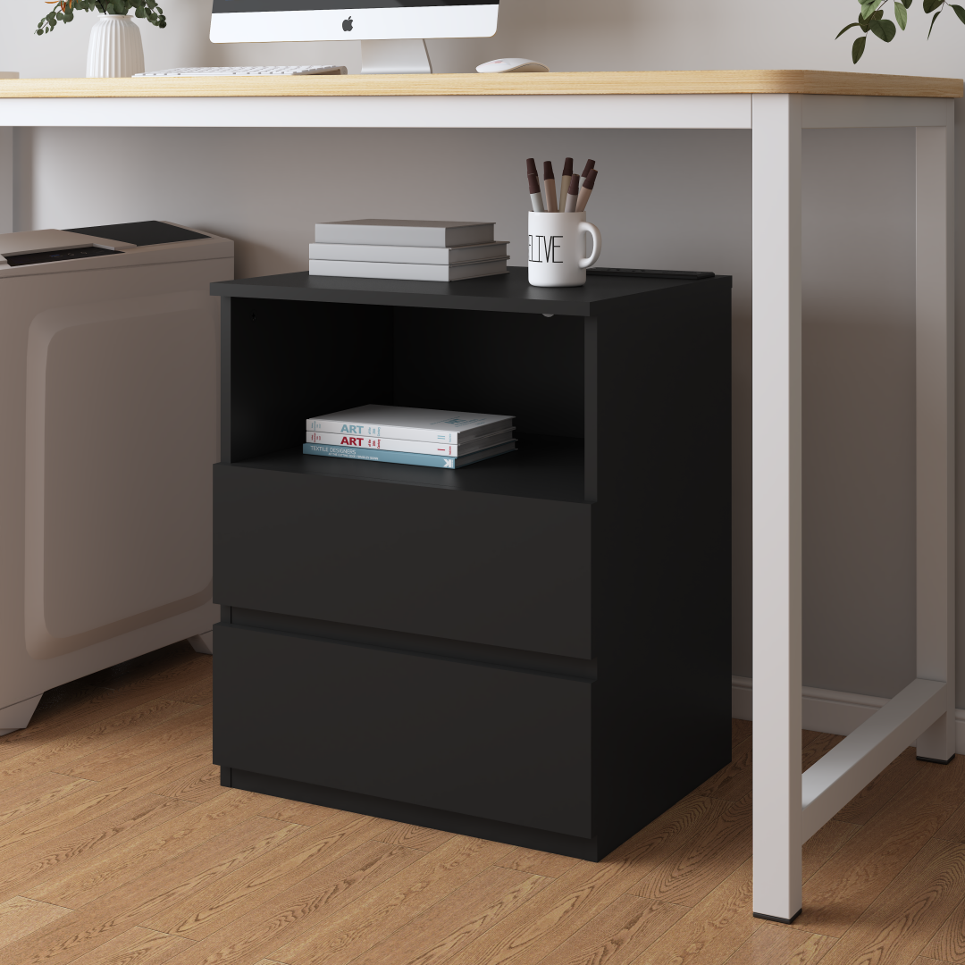 Set of 2 Modern End Tables with USB Charging Station & Drawers - Black