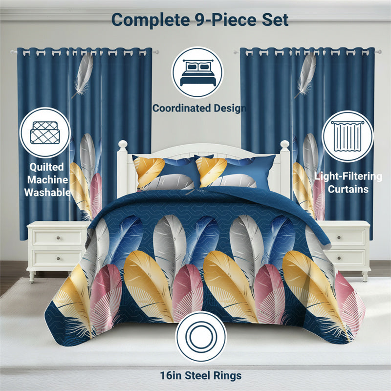 9-Piece Boho Feather Quilt and Curtain Set - Customizable Panels