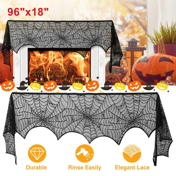 Halloween Mantle Scarf - 96" Black Lace with Spider Web & Bat Design