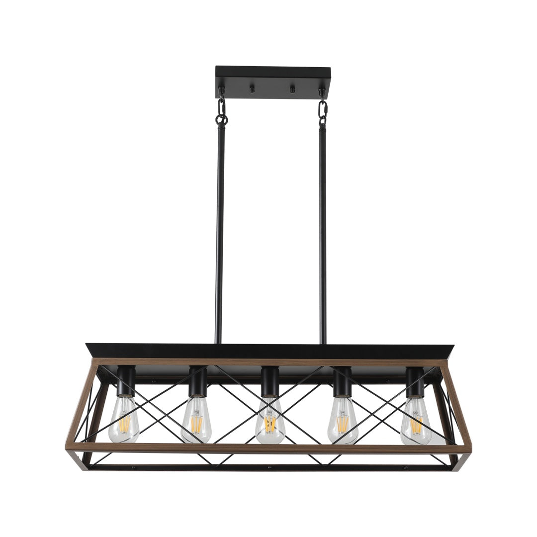 32-Inch Walnut Industrial 5-Light Pendant Chandelier - Adjustable