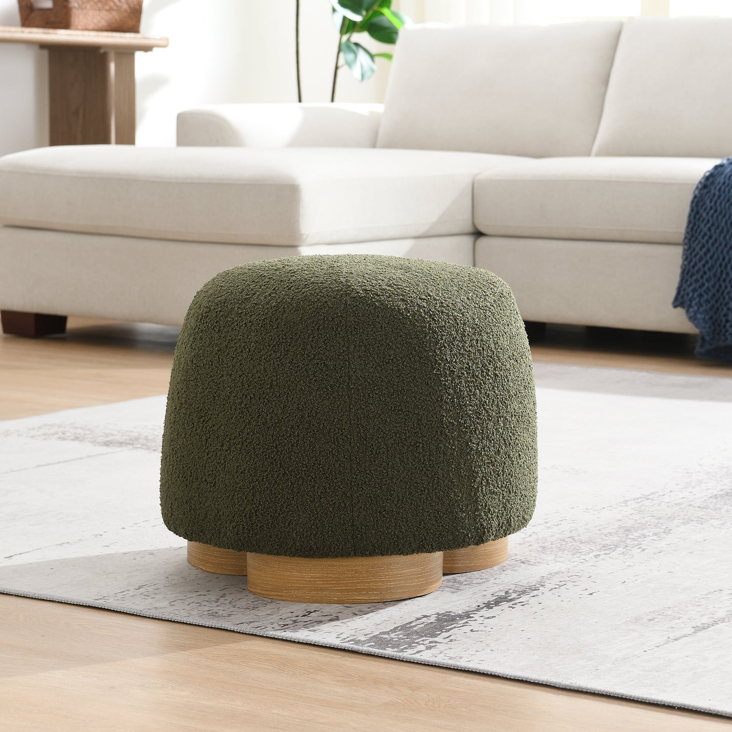 Fully Assembled Round Soft Teddy Fabric Upholstered Ottoman,