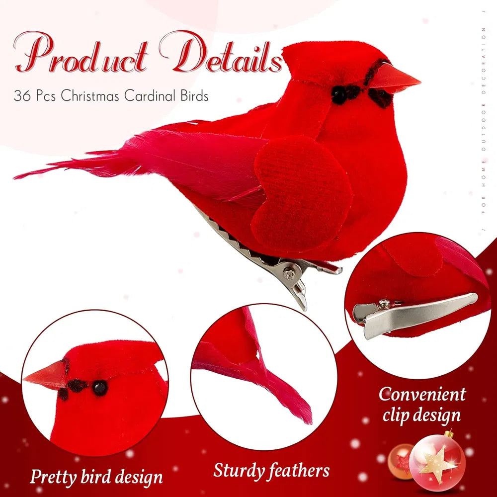 36 Pcs Red Cardinal Mini Ornaments with Clip for Christmas Tree