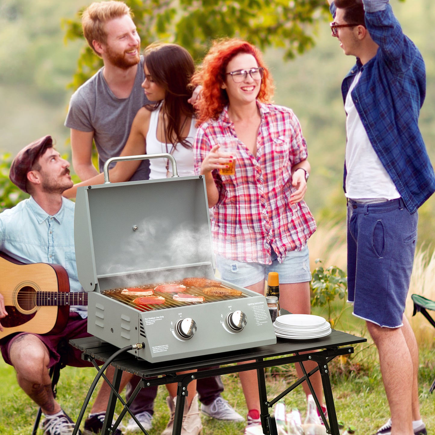 2-Burner Folding Gas BBQ Grill with Lid and Thermometer - Light Grey