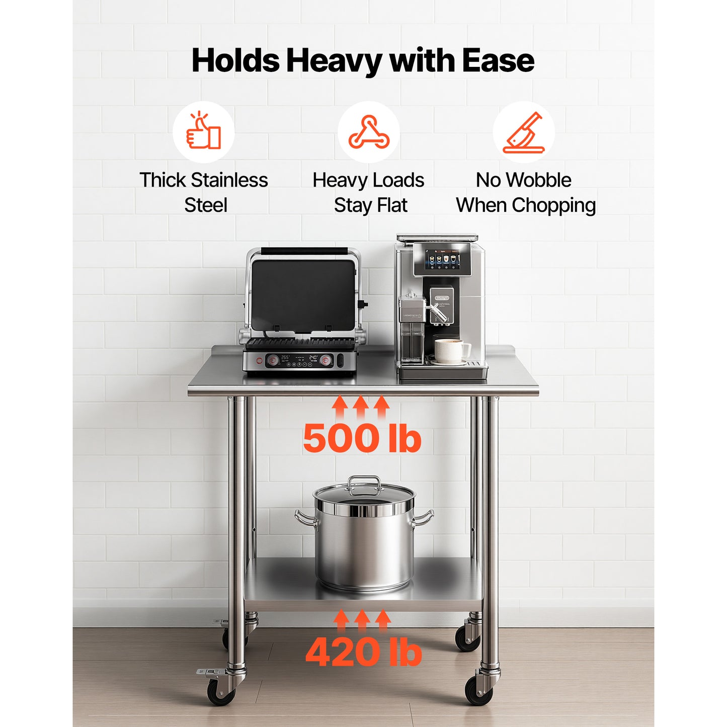 Stainless Steel Food Prep Table 24x36 Inch with Wheels & Backsplash - Commercial Kitchen Workstation